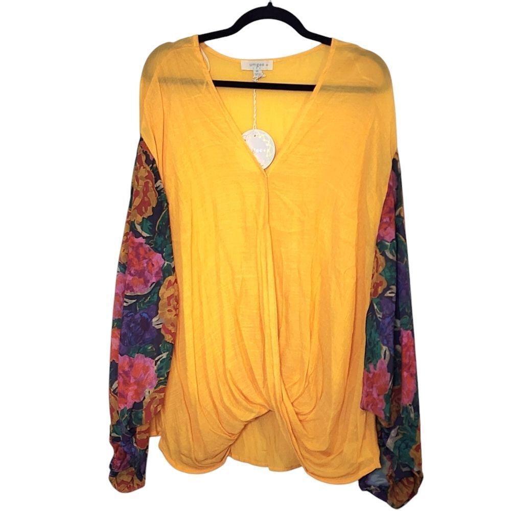 NEW Umgee Mustard Floral Sleeve Top - Picture 2 of 3